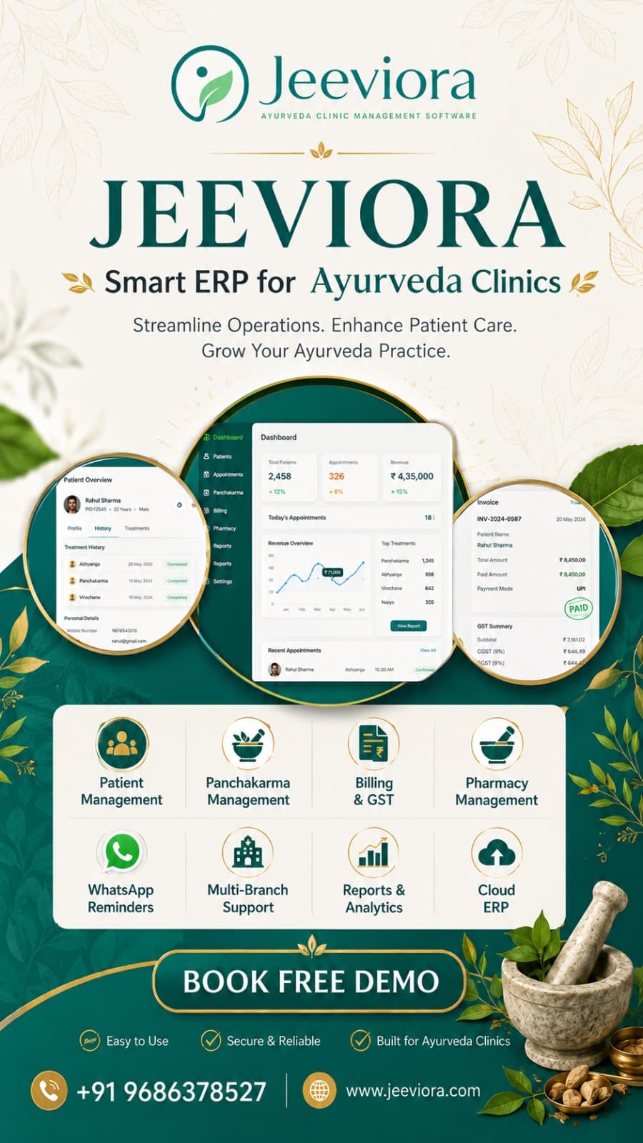 Jeeviora dashboard, patient overview, and invoice screens